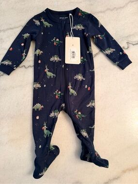 Petit Lem Navy Dinosaur Christmas Print Footed One-Piece
